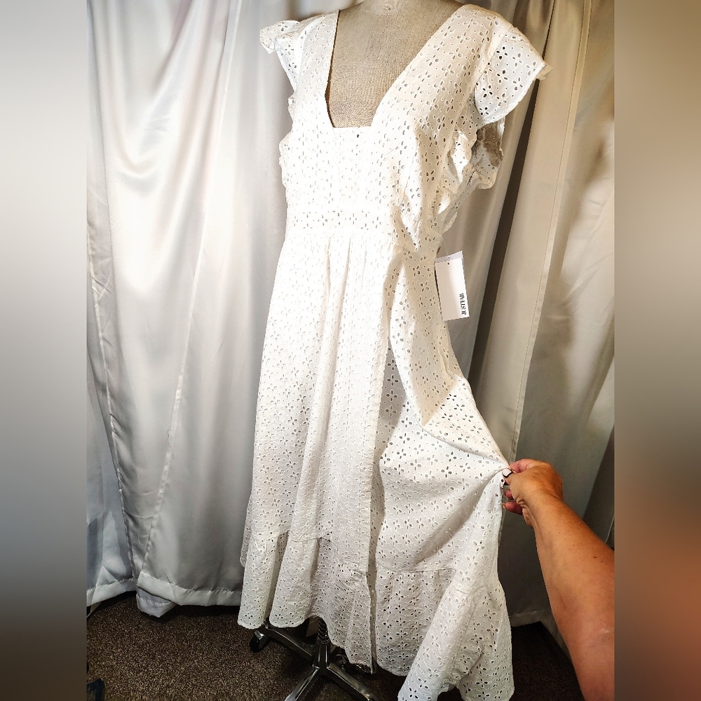 JustFabTag Midi Dress, White Embroidered Eyelets, Flutter Sleeves,V- -Neck, 12